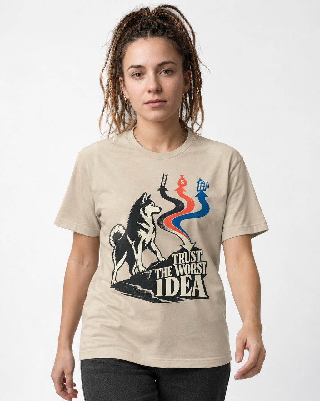 Trust the Worst Husky Idea T-Shirt in Sand, worn by a model