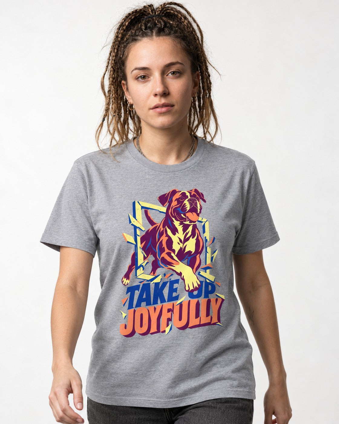 Take Up Joyfully Boxer Breakthrough Graphic T-Shirt in Sport Grey, worn by a model