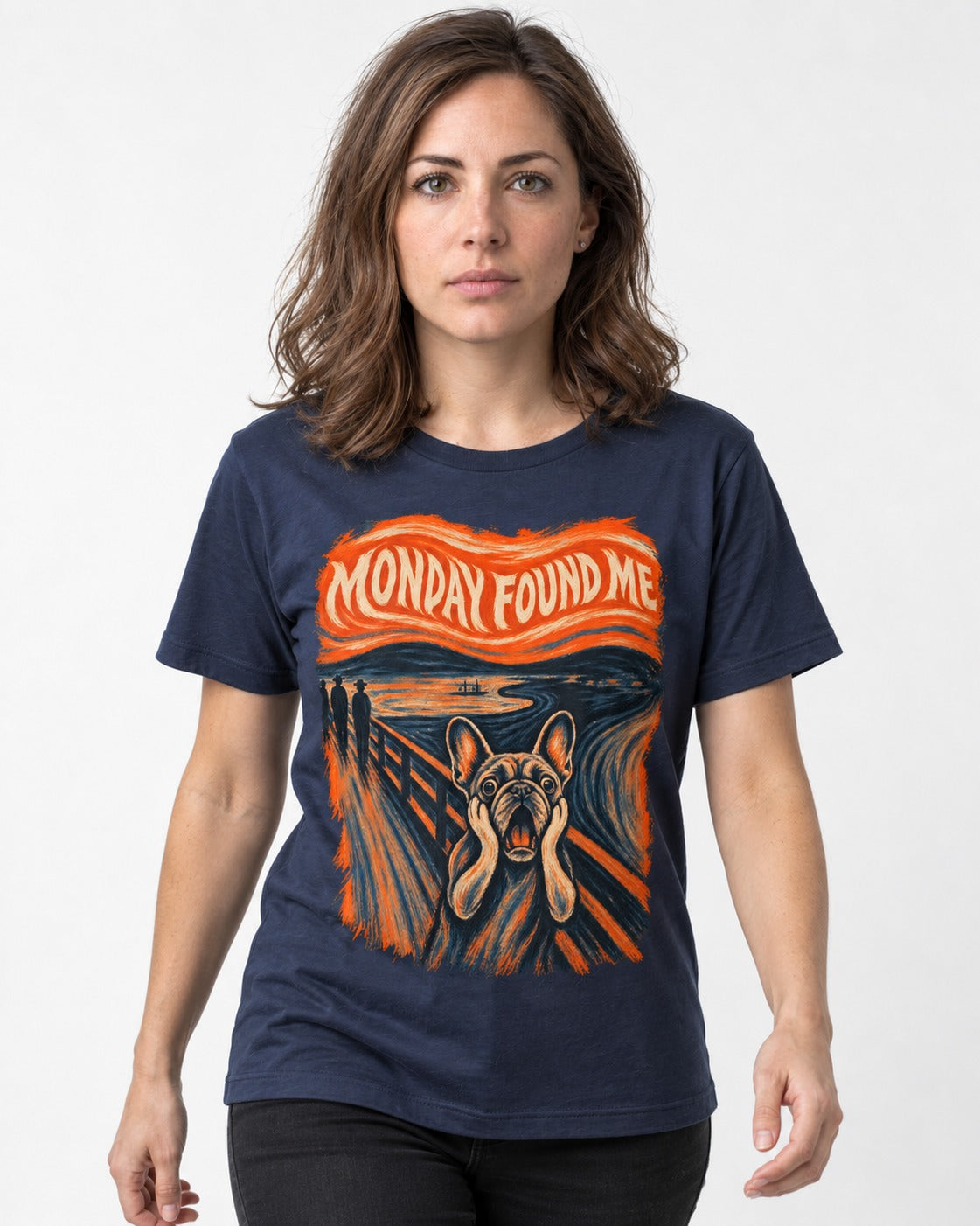 Frenchie Monday Found Me Scream Graphic 194 T-Shirt in Navy, worn by a model