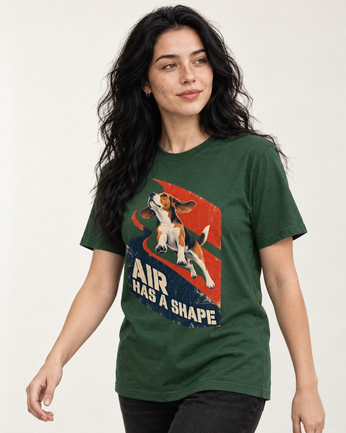 Air Has A Shape Beagle Jumping Graphic T-Shirt in Forest Green, worn by a model