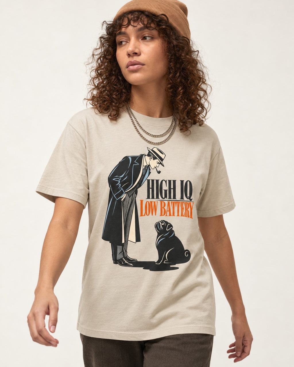 High Iq Low Battery Pug T-Shirt in Sand, worn by a model