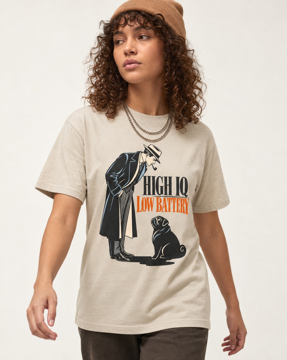High Iq Low Battery Pug T-Shirt in Sand, worn by a model