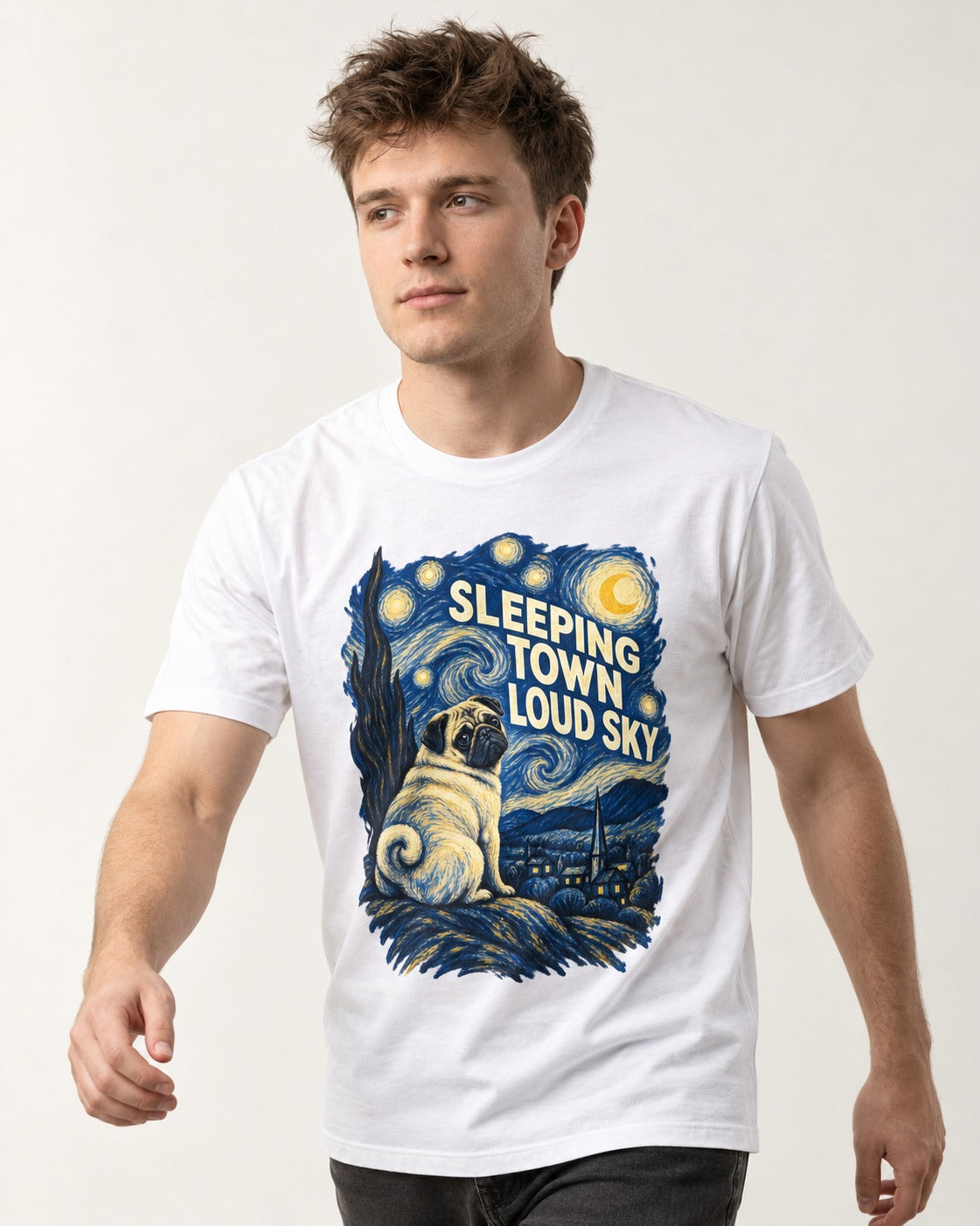 Pug Sleeping Town Loud Sky Starry Night Graphic T-Shirt in White, worn by a model