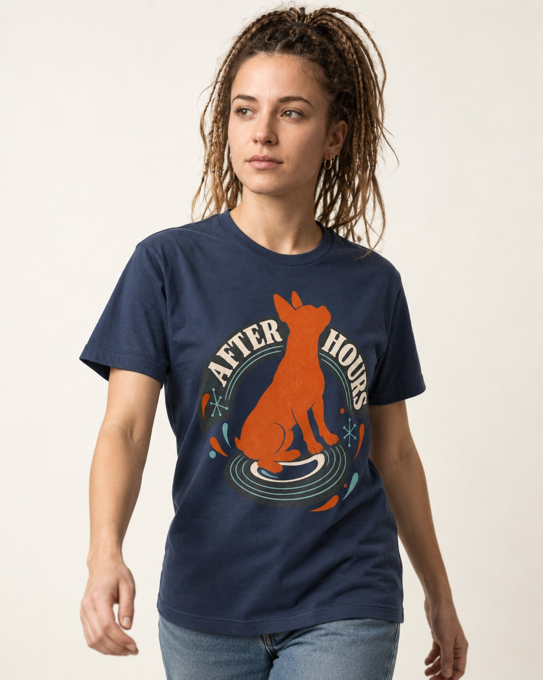 After Hours Boston Terrier Record Graphic T-Shirt in Navy, worn by a model