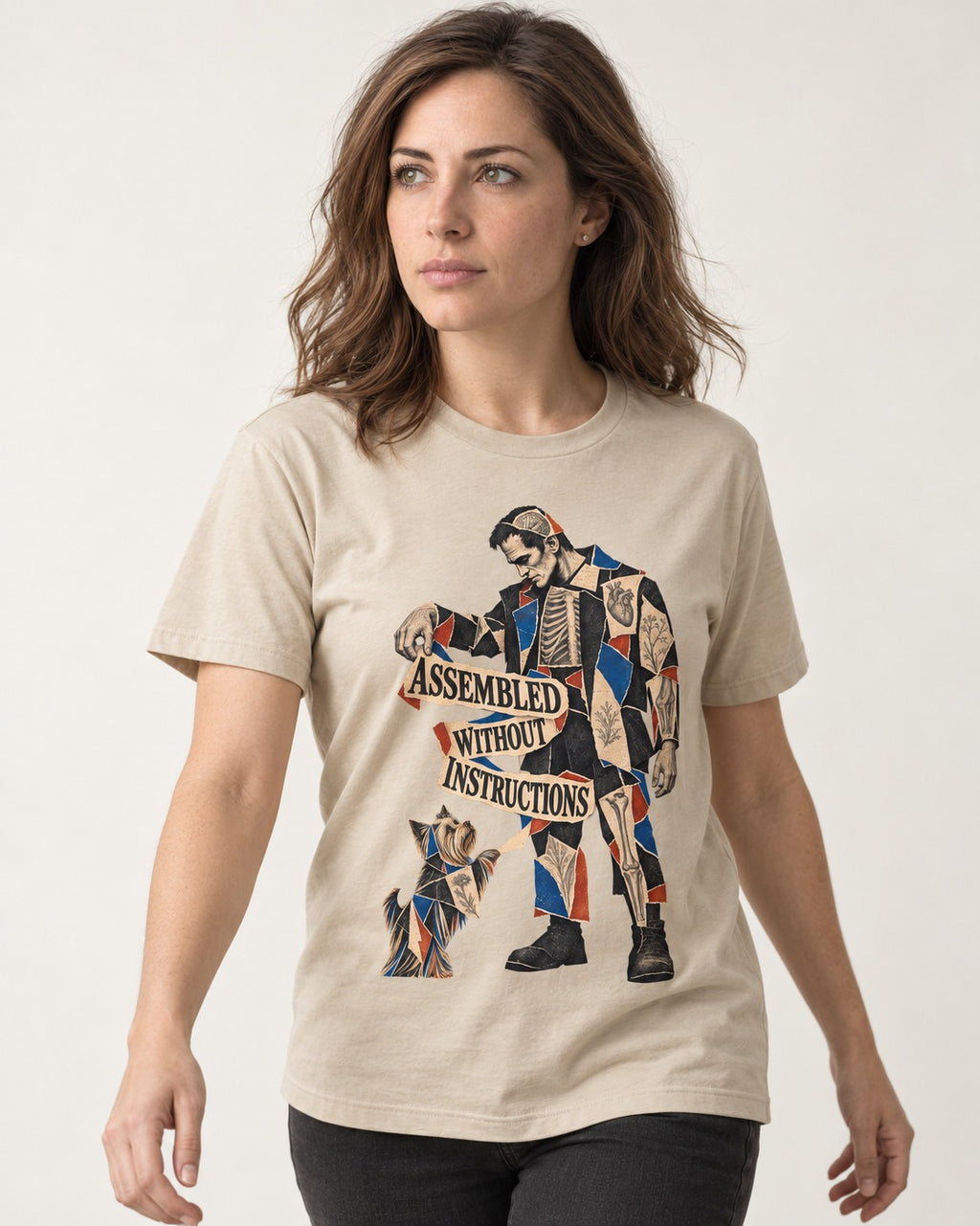 Yorkshire Terrier Assembled Without Instructions T-Shirt in Sand, worn by a model