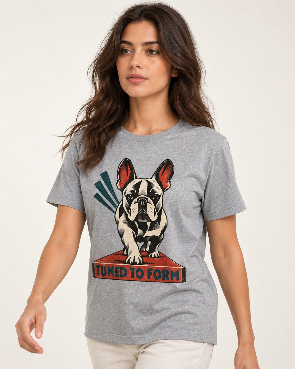 Frenchie Tuned to Form T-Shirt in Sport Grey, worn by a model