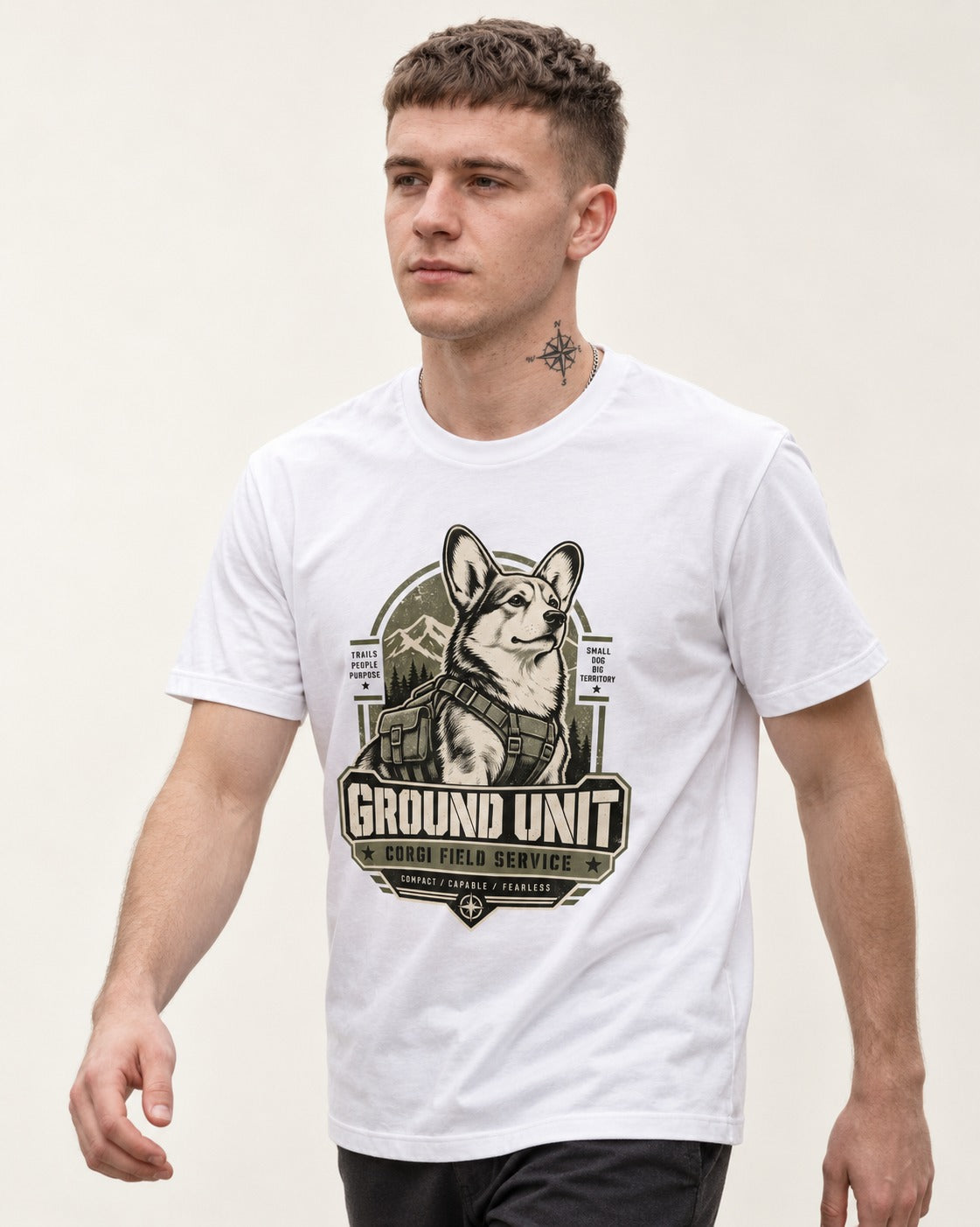 Corgi Ground Unit Field Service Badge T-Shirt in White, worn by a model