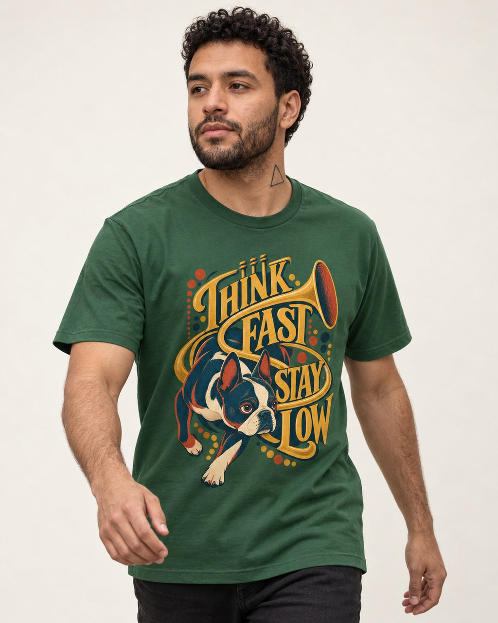 Boston Terrier Think Fast Stay Low T-Shirt in Forest Green, worn by a model