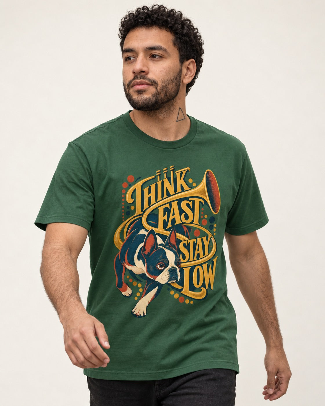 Boston Terrier Think Fast Stay Low T-Shirt in Forest Green, worn by a model