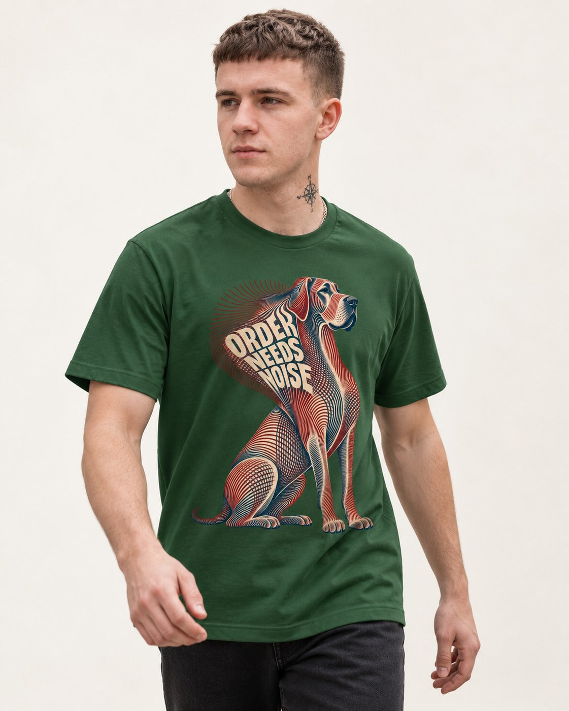 Great Dane Order Needs Noise Optical Line Graphic T-Shirt in Forest Green, worn by a model