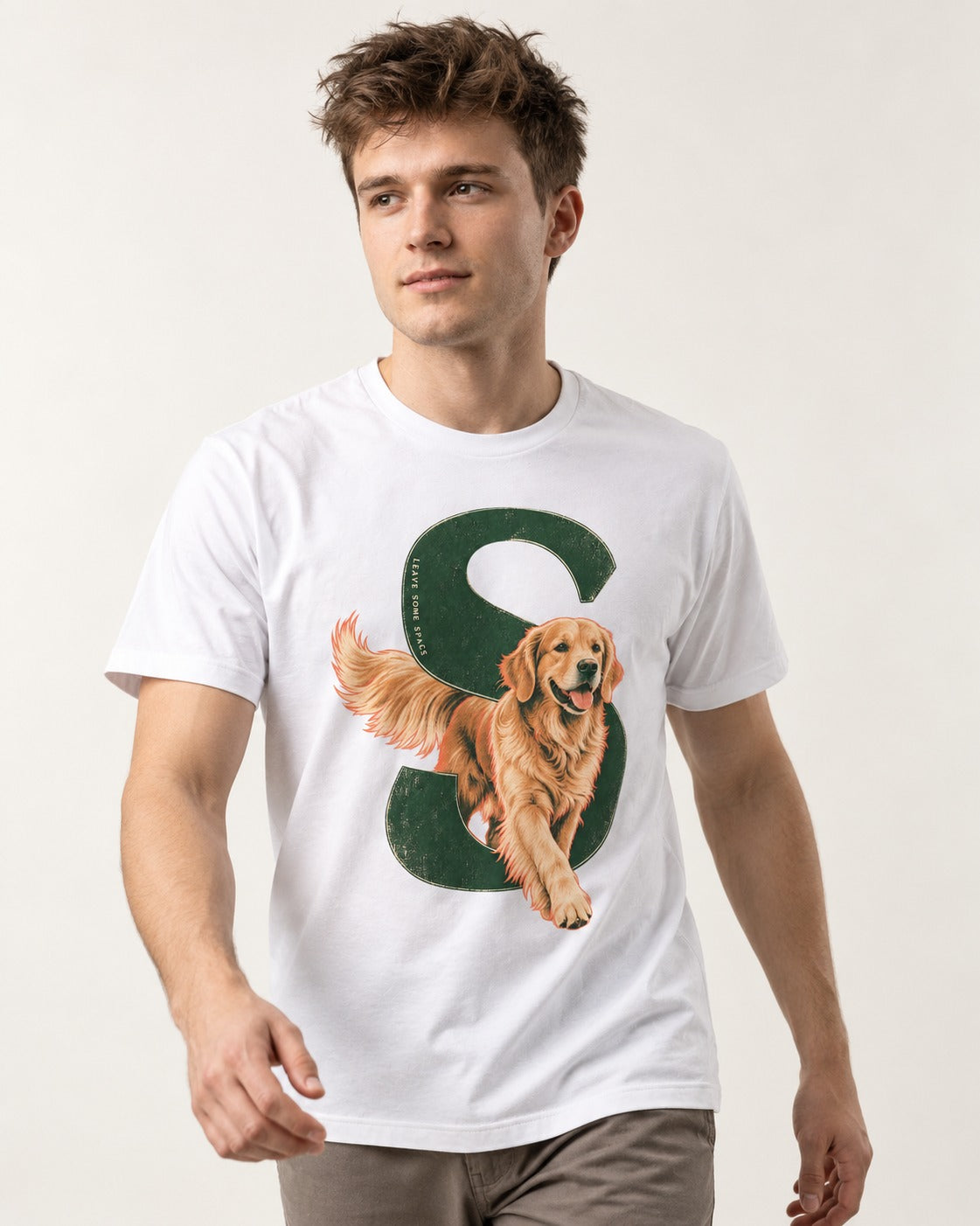 Golden Retriever Leave Some Space Monogram Graphic T-Shirt in White, worn by a model