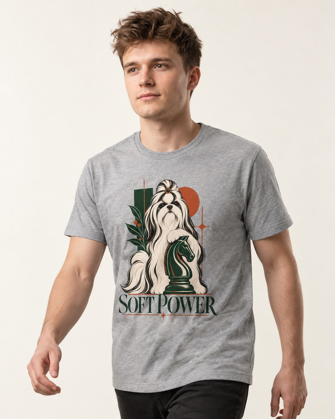 Soft Power Shih Tzu T-Shirt in Sport Grey, worn by a model