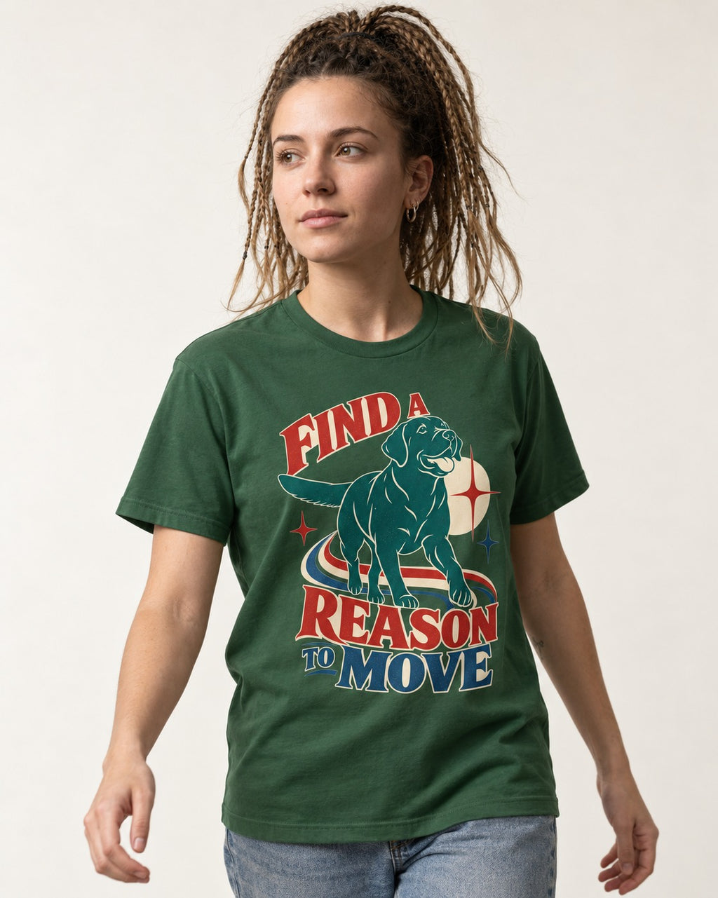 Labrador Retriever Find a Reason to Move Retro Dog Graphic T-Shirt in Forest Green, worn by a model