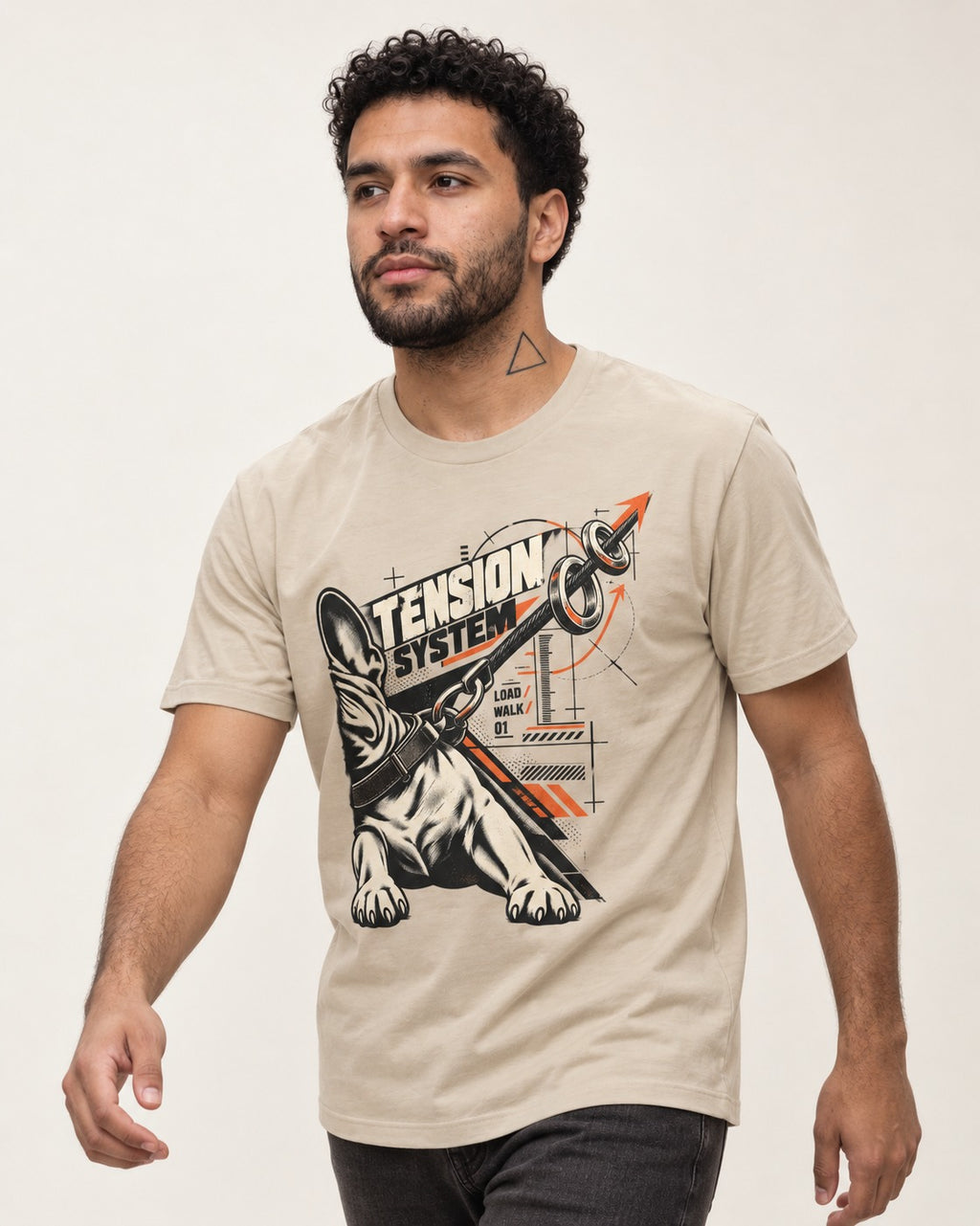Frenchie Tension System T-Shirt in Sand, worn by a model