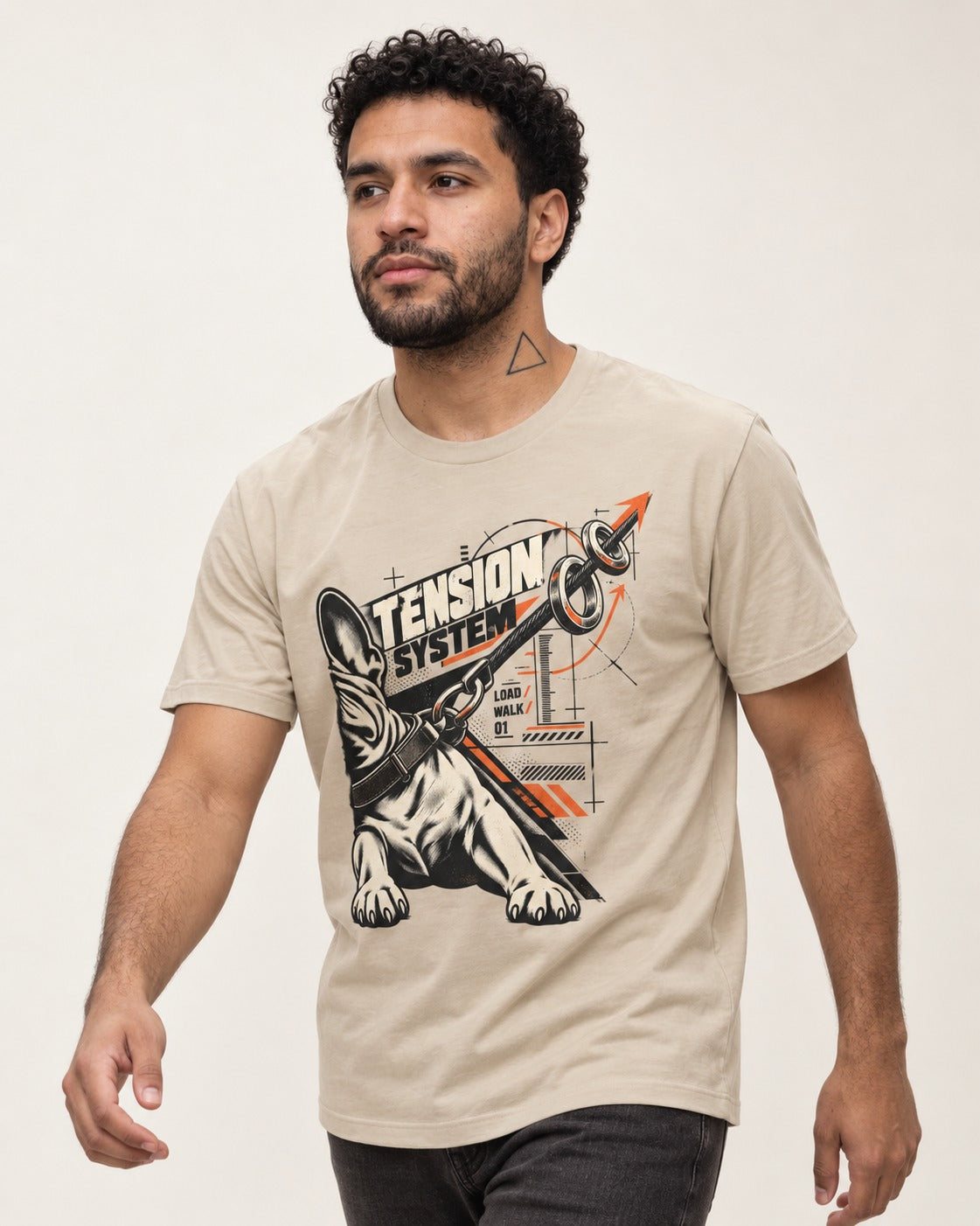 Frenchie Tension System T-Shirt in Sand, worn by a model