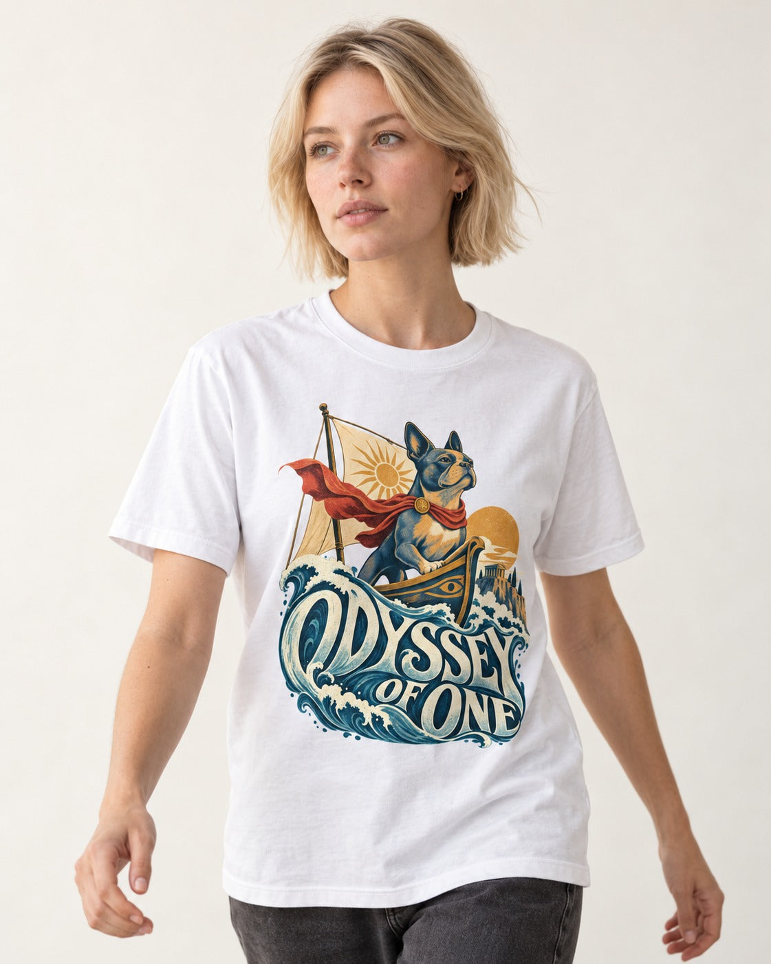 Boston Terrier Odyssey of One T-Shirt in White, worn by a model
