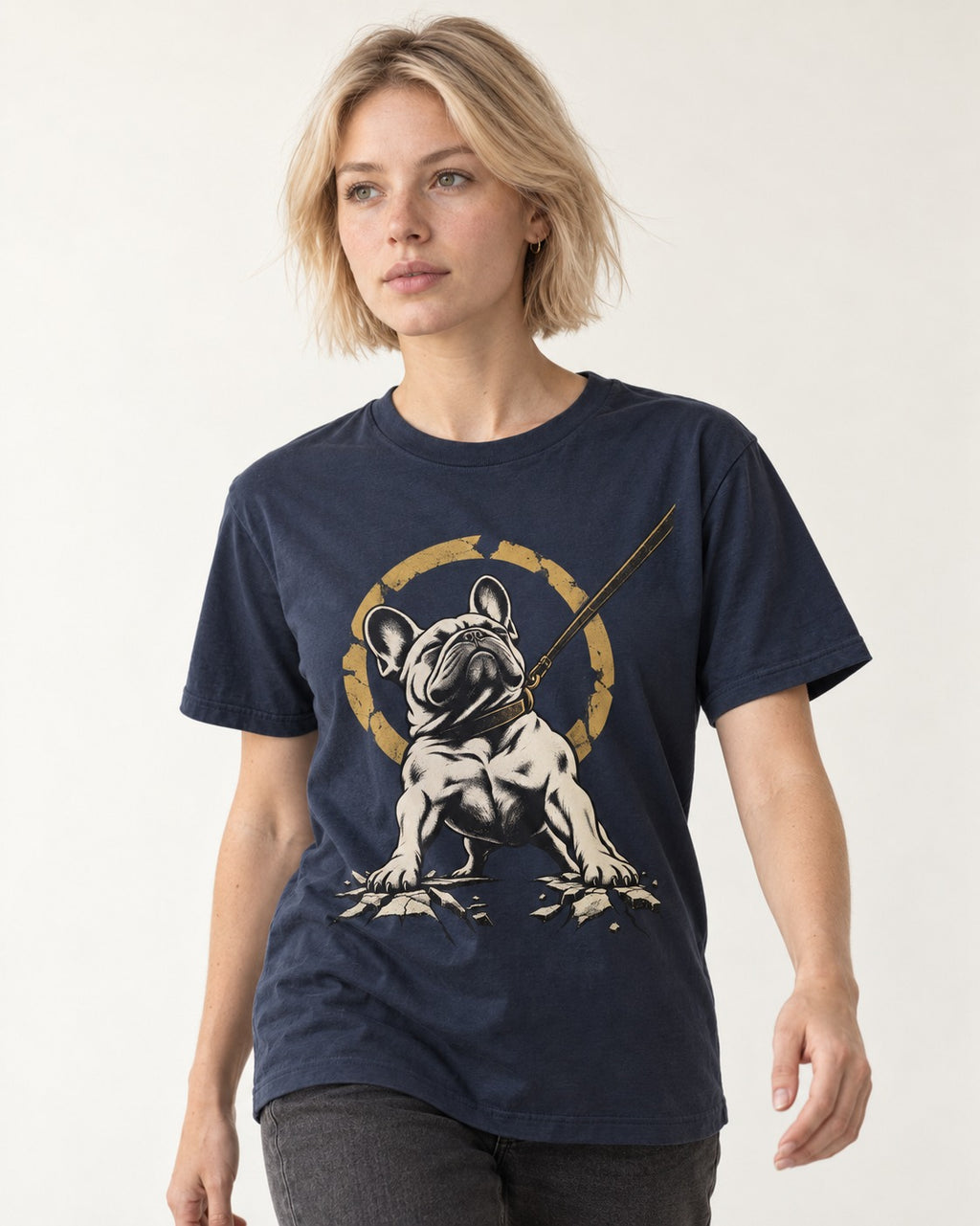 Frenchie Stubborn Leash Monument Graphic T-Shirt in Navy, worn by a model