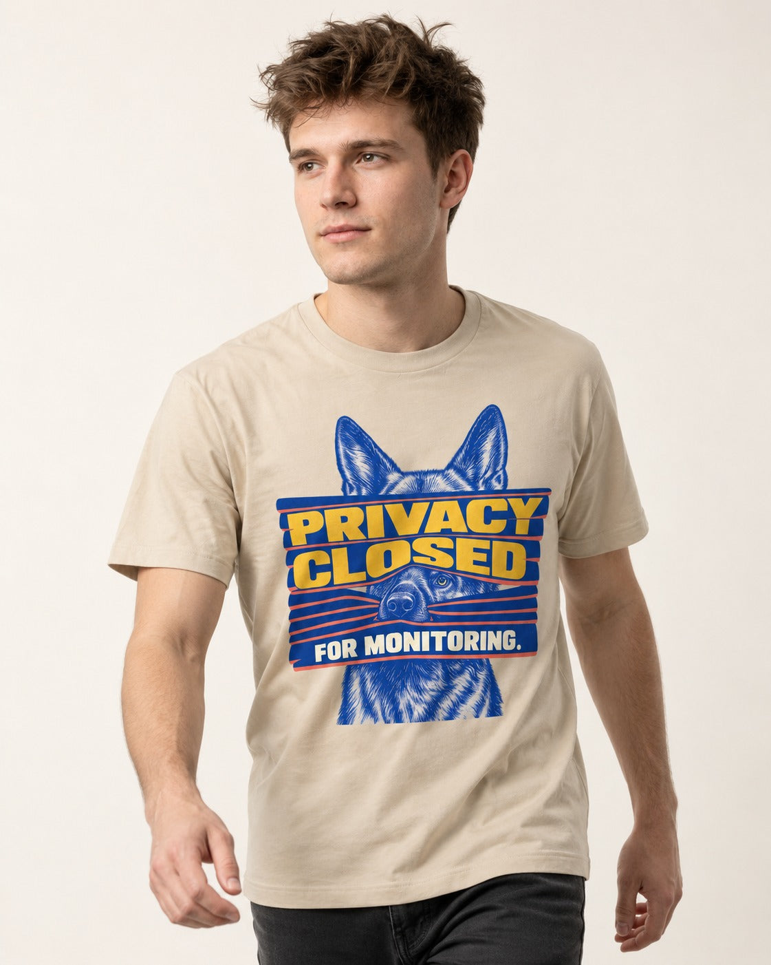 German Shepherd Dog Privacy Closed for Monitoring T-Shirt in Sand, worn by a model