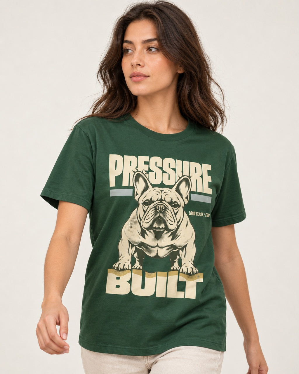 Frenchie Pressure Built Load Class Graphic T-Shirt in Forest Green, worn by a model