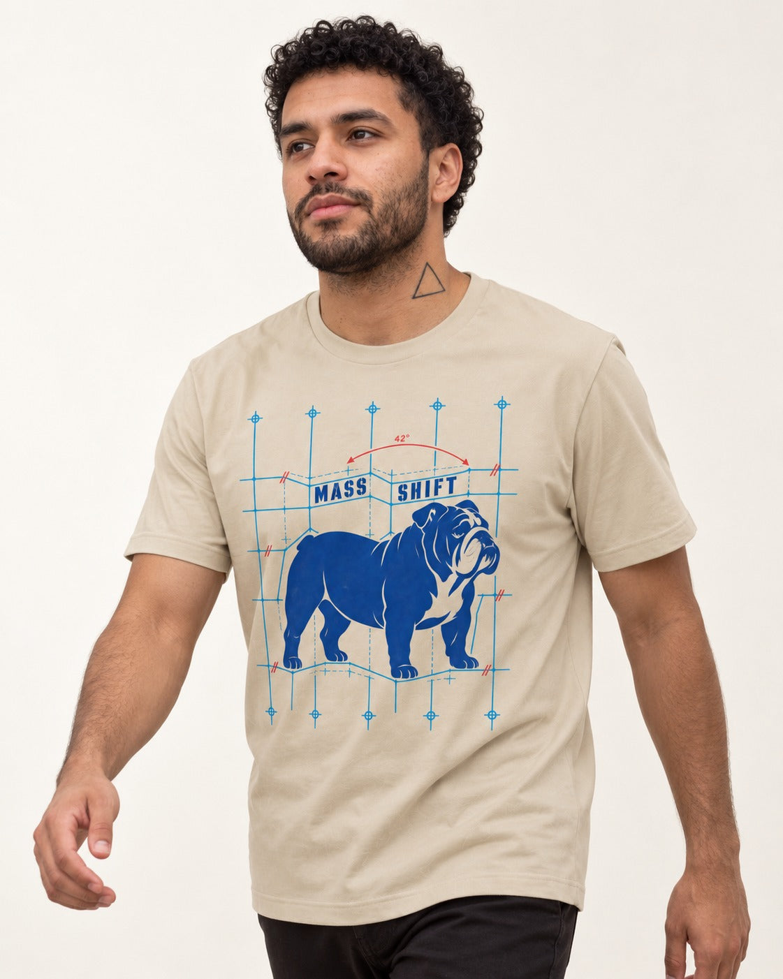 Mass Shift English Bulldog T-Shirt in Sand, worn by a model