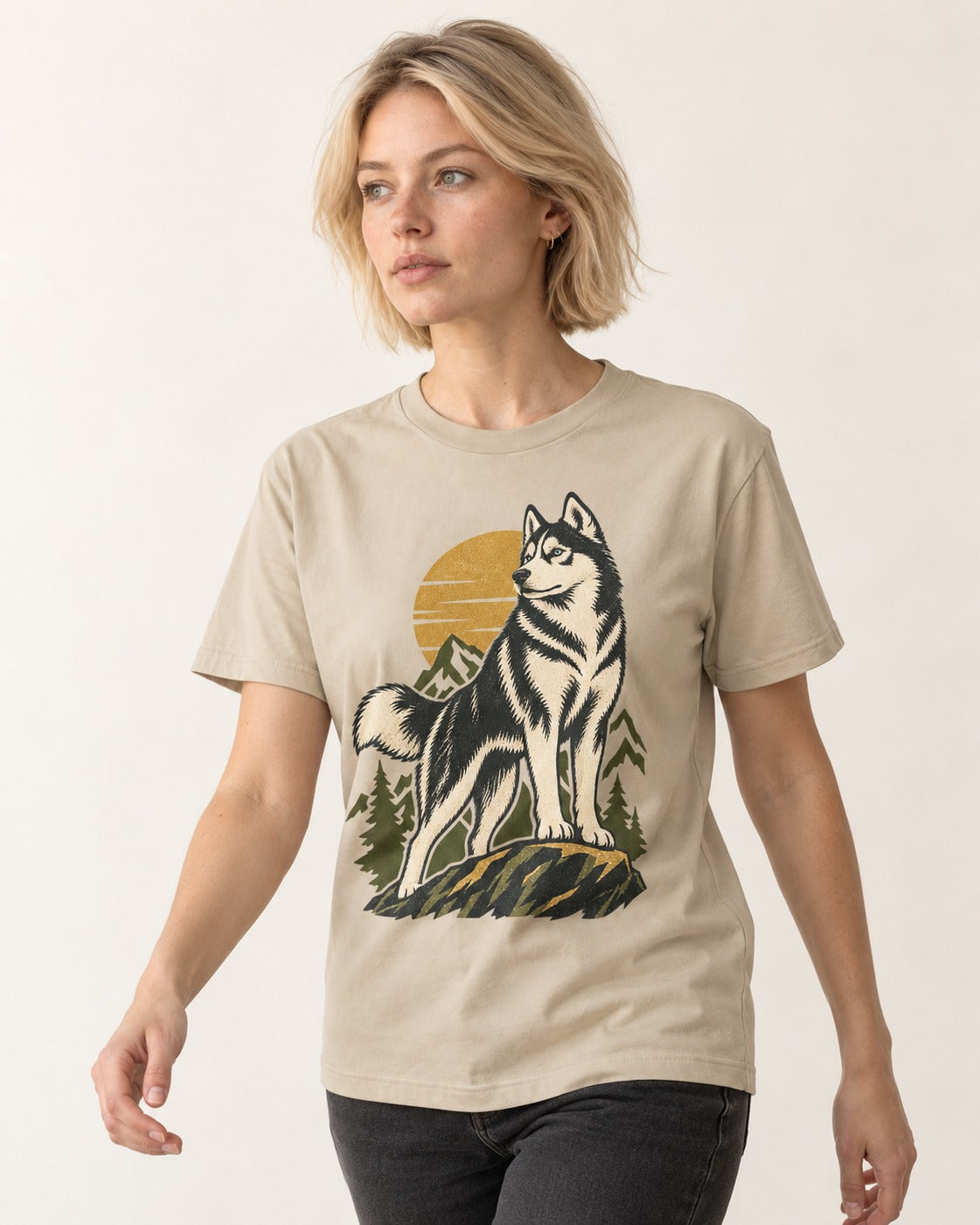 Husky Born to Roam T-Shirt in Sand, worn by a model