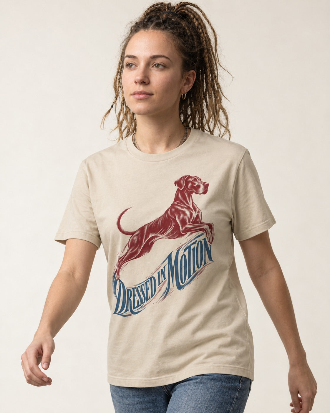 Great Dane Dressed in Motion T-Shirt in Sand, worn by a model