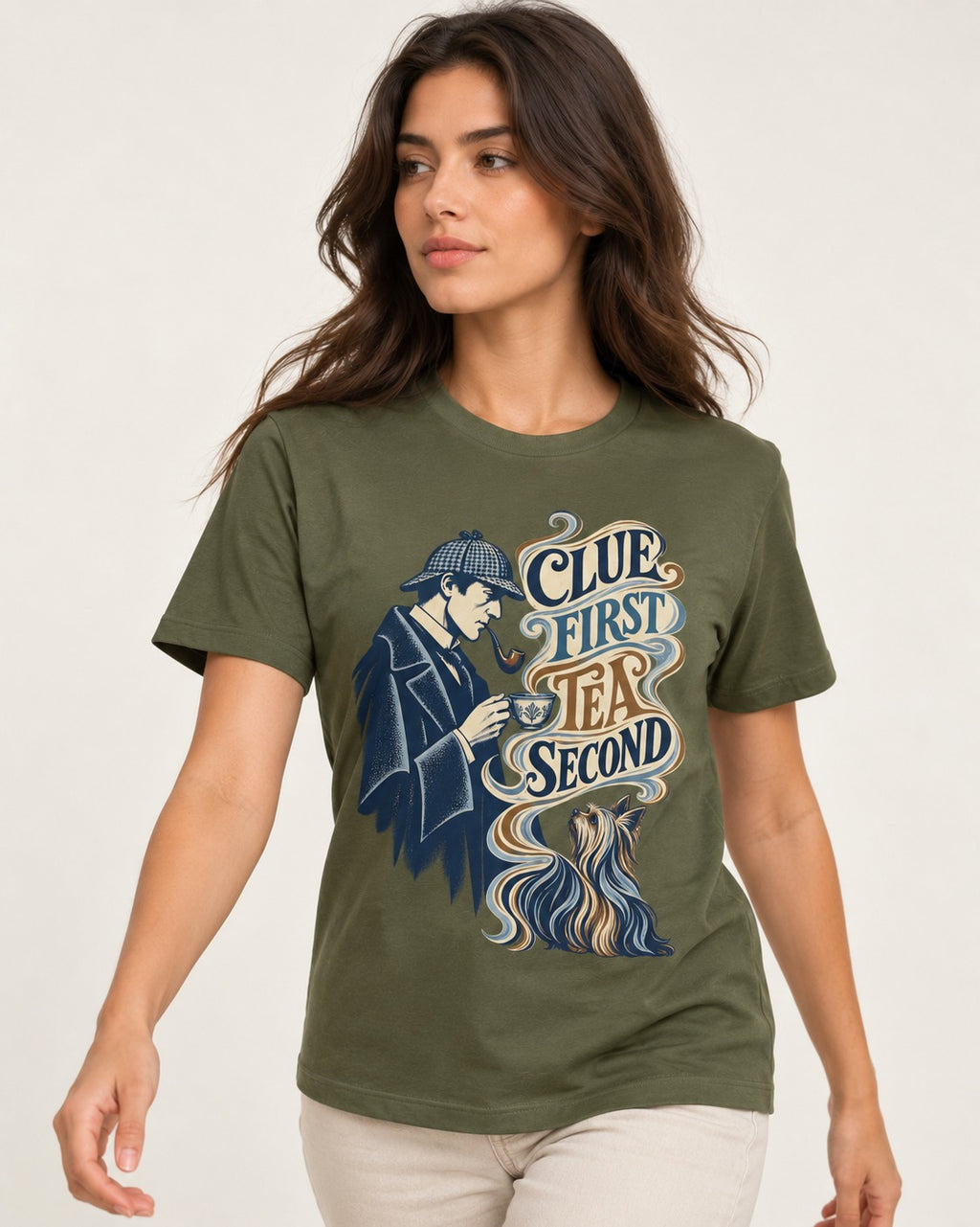 Yorkshire Terrier Clue First Tea Second Detective Graphic T-Shirt in Heather Military Green, worn by a model