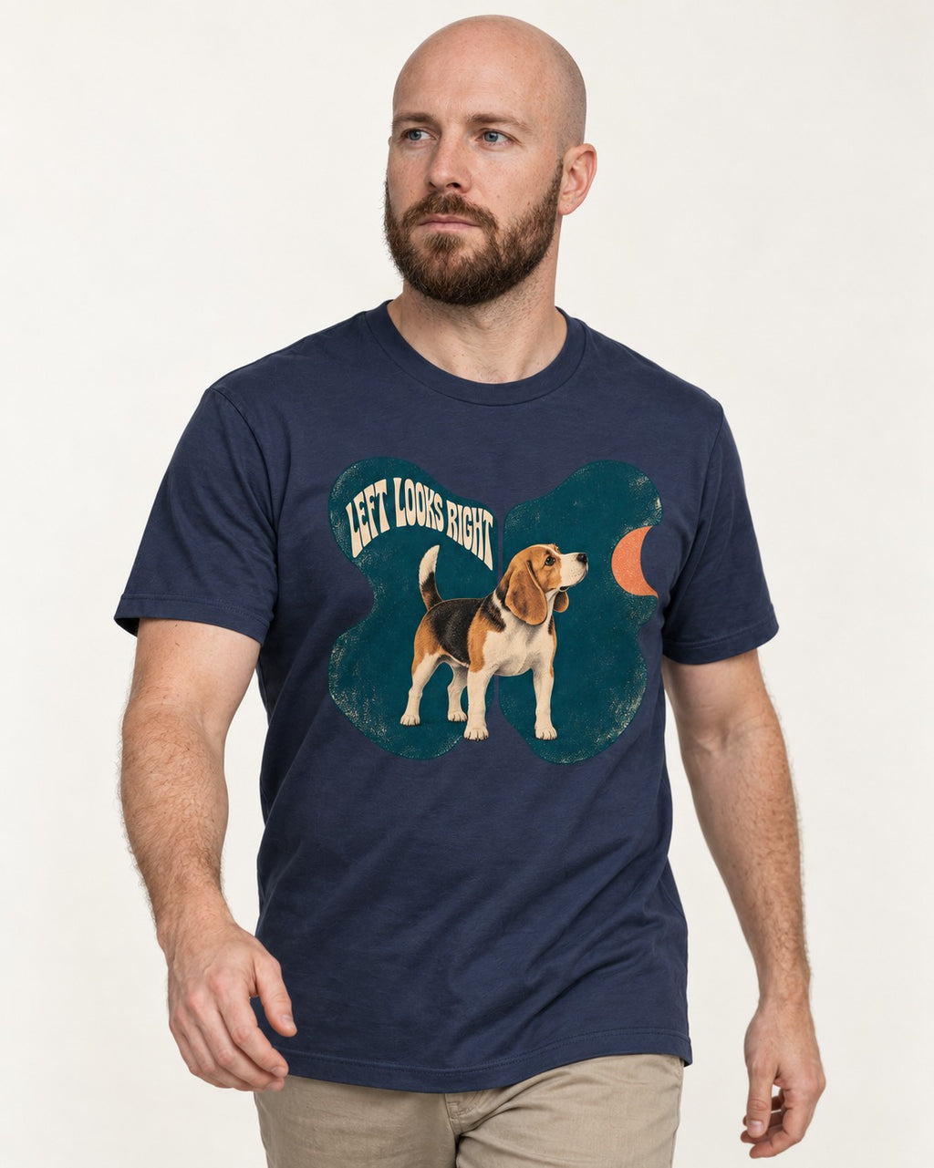 Left Looks Right Beagle Abstract Shapes T-Shirt in Navy, worn by a model
