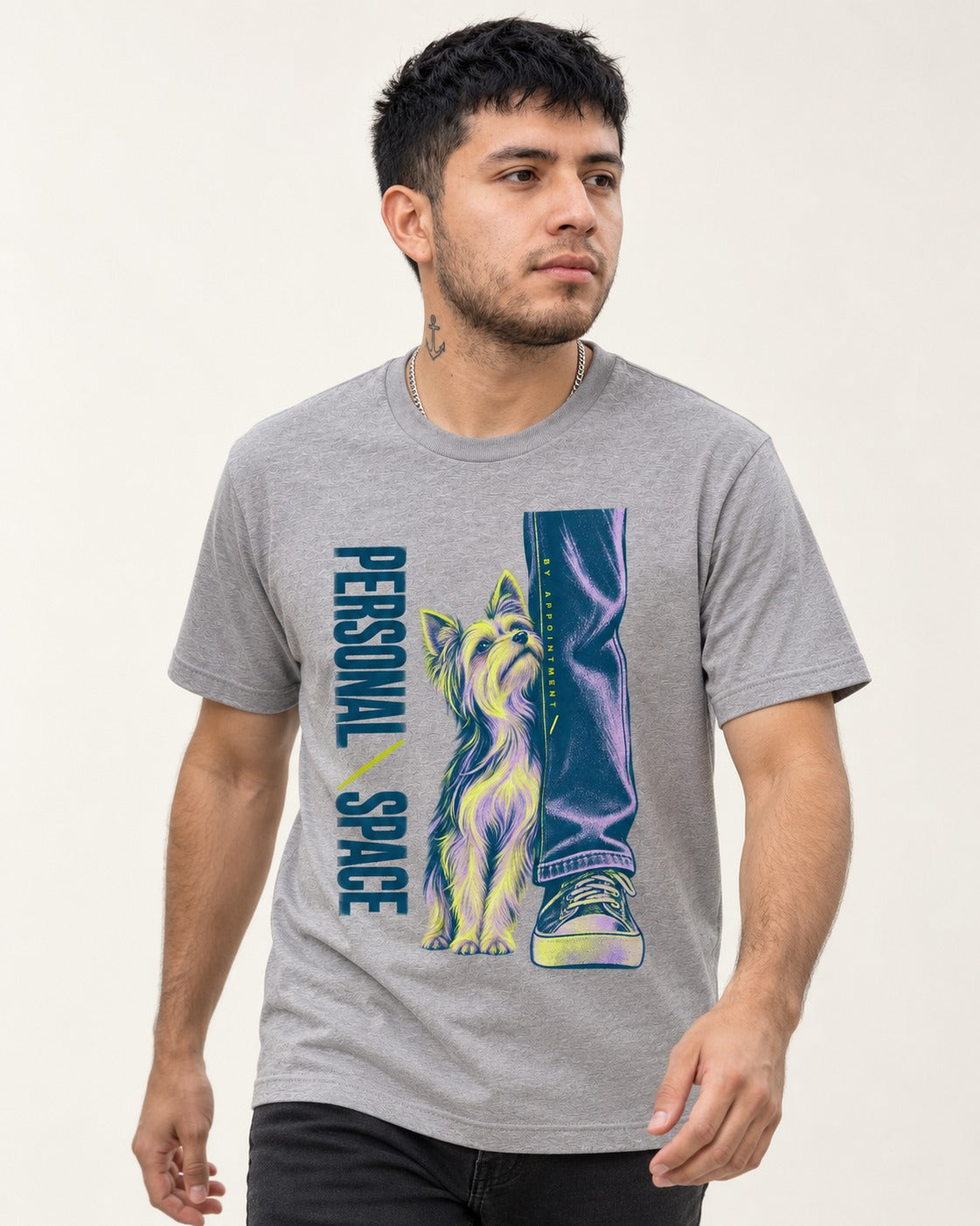 Yorkshire Terrier Personal Space by Appointment T-Shirt in Sport Grey, worn by a model