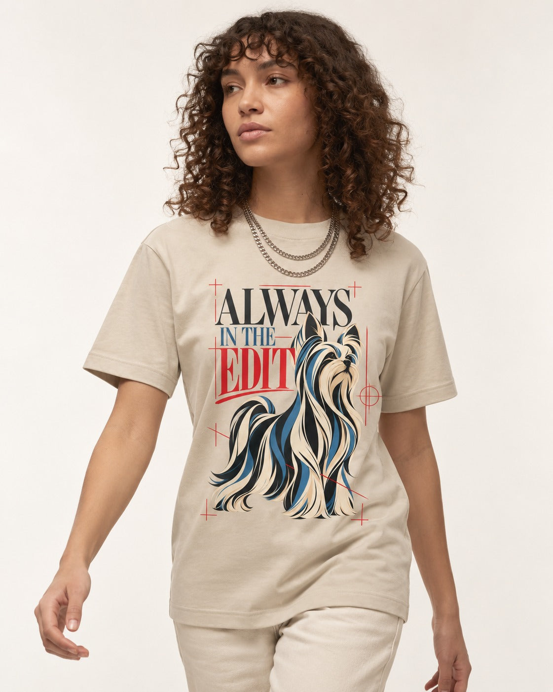 Always in the Edit Yorkshire Terrier T-Shirt in Sand, worn by a model