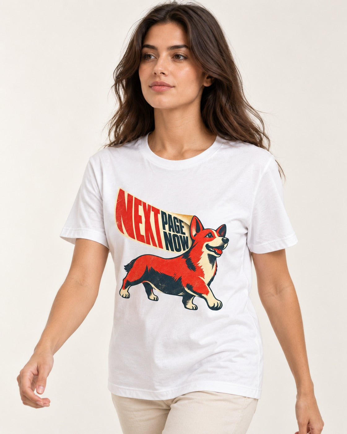 Corgi Next Page Now Pennant Graphic T-Shirt in White, worn by a model