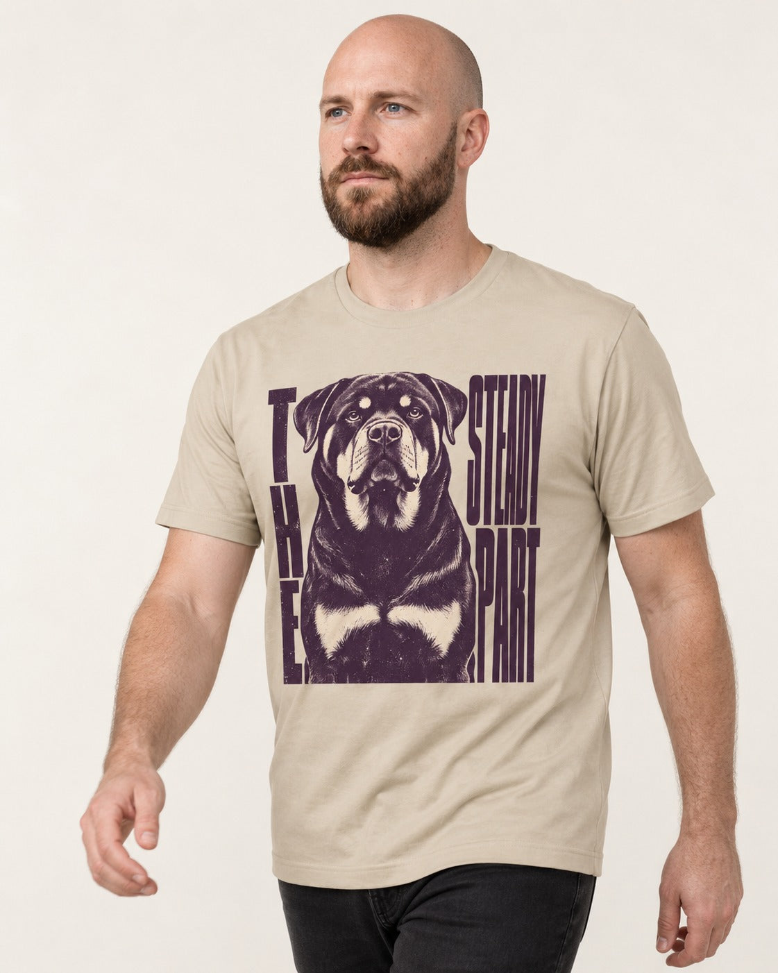Rottweiler The Steady Part T-Shirt in Sand, worn by a model