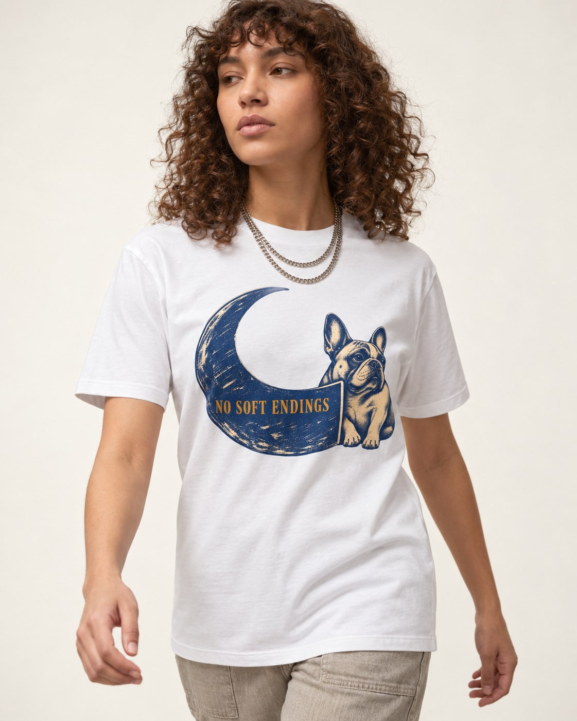 Frenchie No Soft Endings Crescent Graphic T-Shirt in White, worn by a model