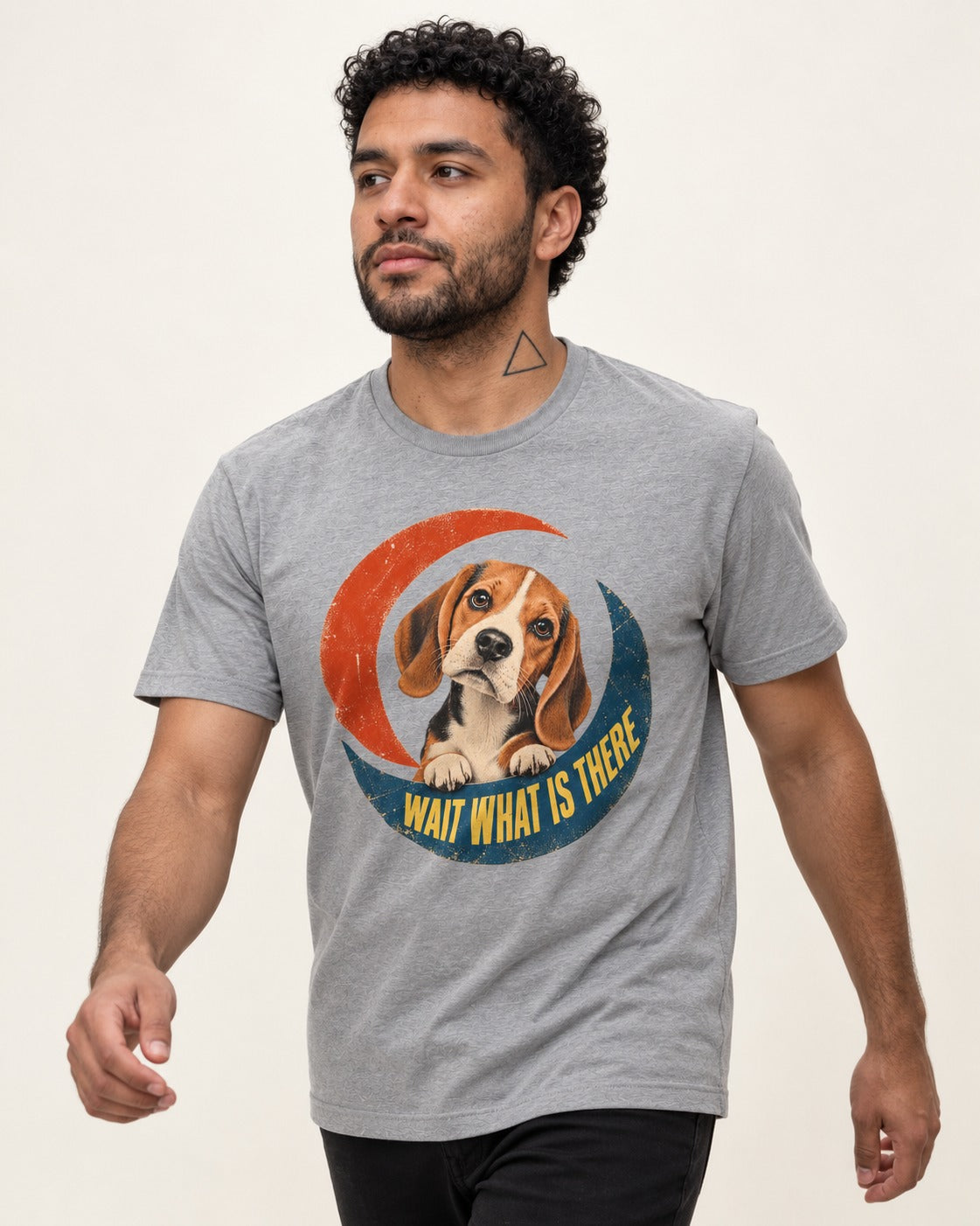 Wait What Is There Beagle Crescent T-Shirt in Sport Grey, worn by a model