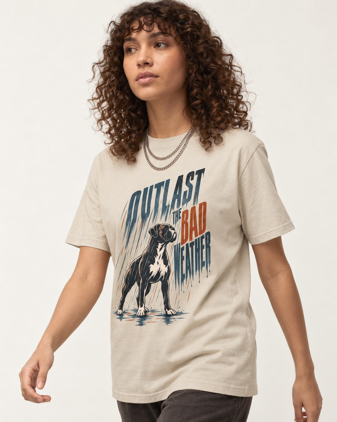 Boxer Outlast the Bad Weather T-Shirt in Sand, worn by a model