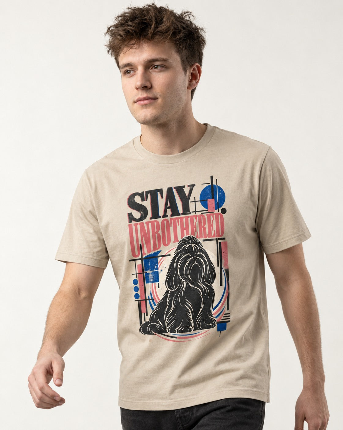 Stay Unbothered Shih Tzu T-Shirt in Sand, worn by a model