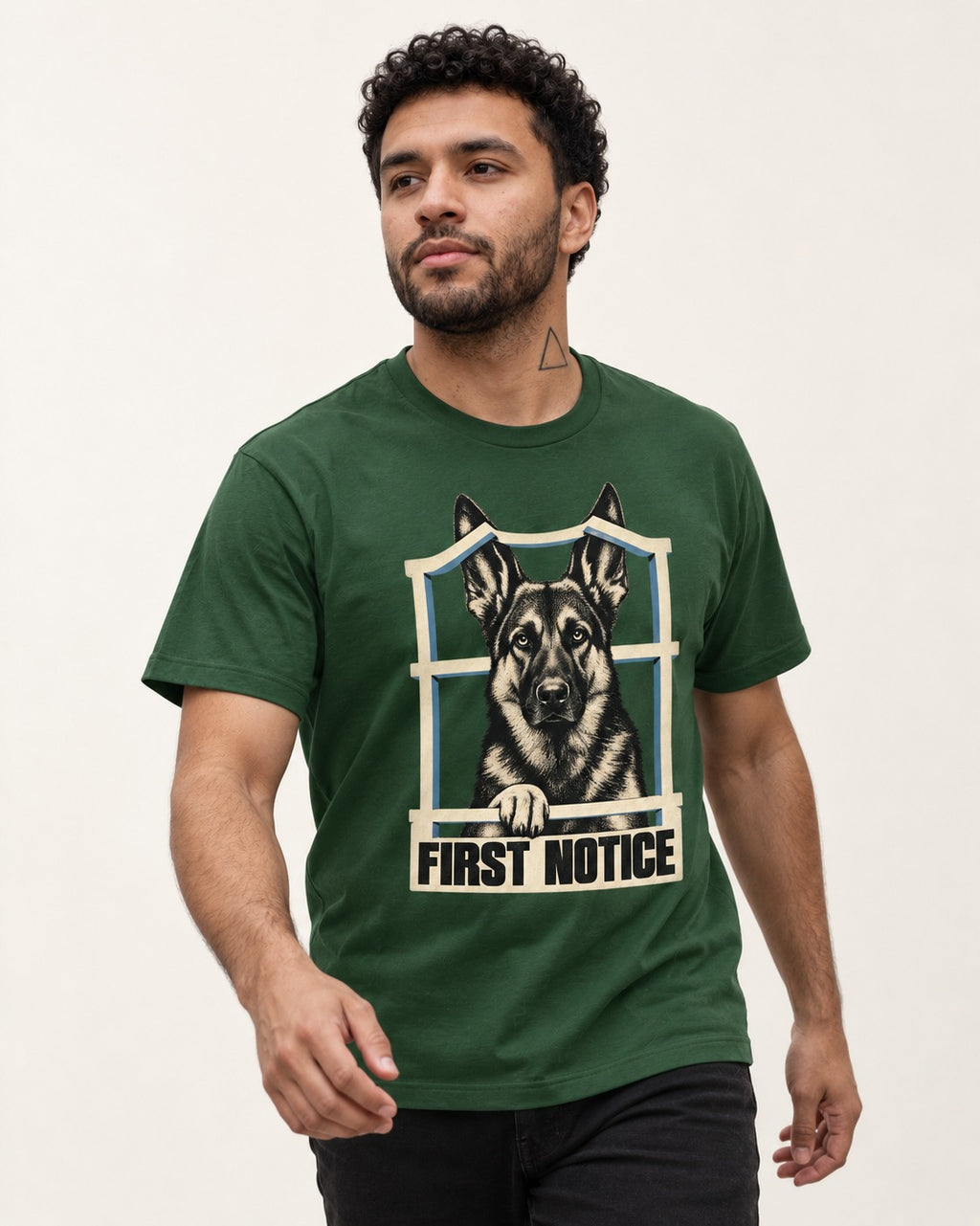 First Notice Window German Shepherd Dog Graphic T-Shirt in Forest Green, worn by a model