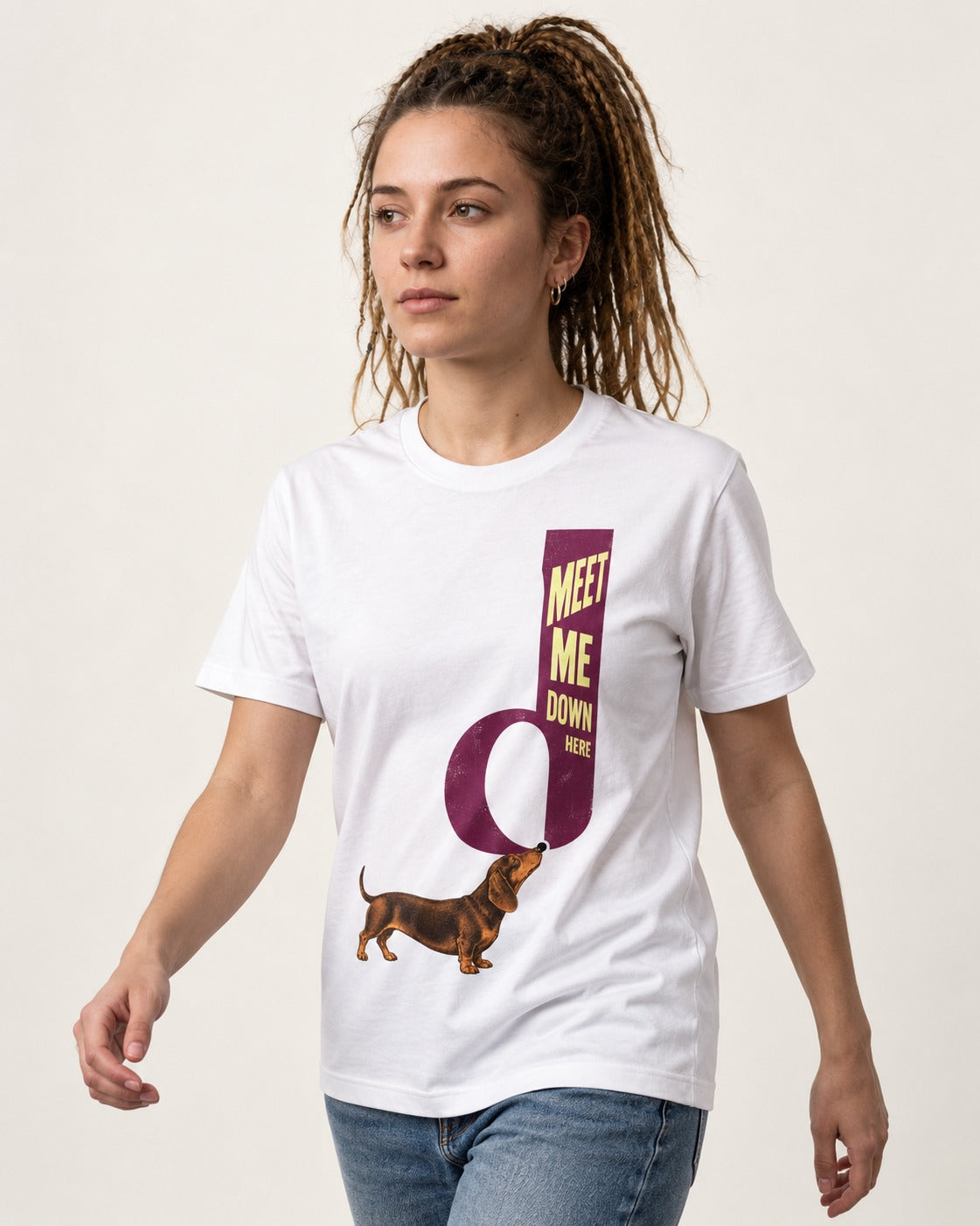 Dachshund Meet Me Down Here Letterform Loop Graphic T-Shirt in White, worn by a model