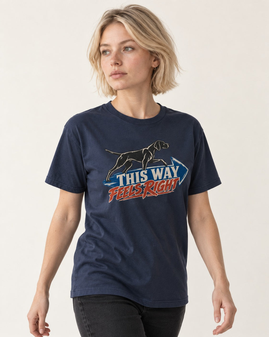 This Way Feels Right Arrow German Shorthaired Pointer Graphic T-Shirt in Navy, worn by a model