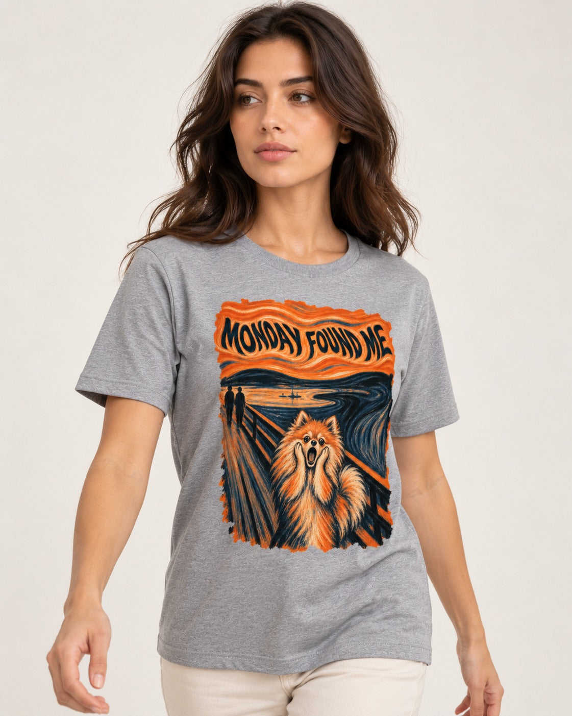 Pomeranian Monday Found Me Scream Parody Graphic T-Shirt in Sport Grey, worn by a model