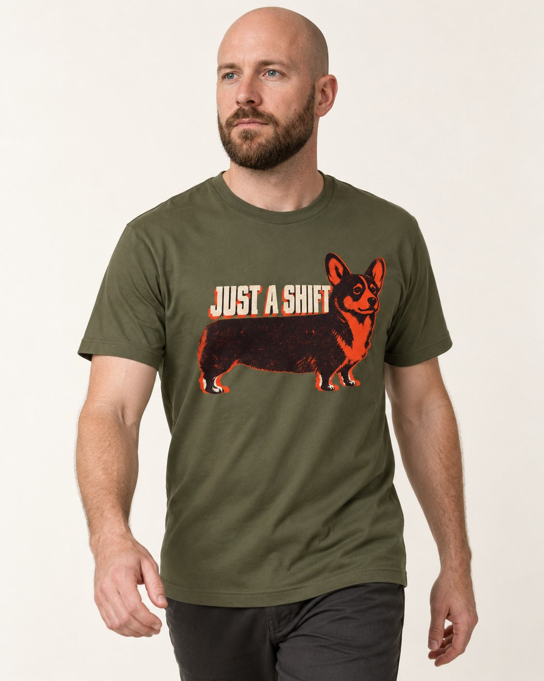 Corgi Just a Shift Typographic Graphic T-Shirt in Heather Military Green, worn by a model