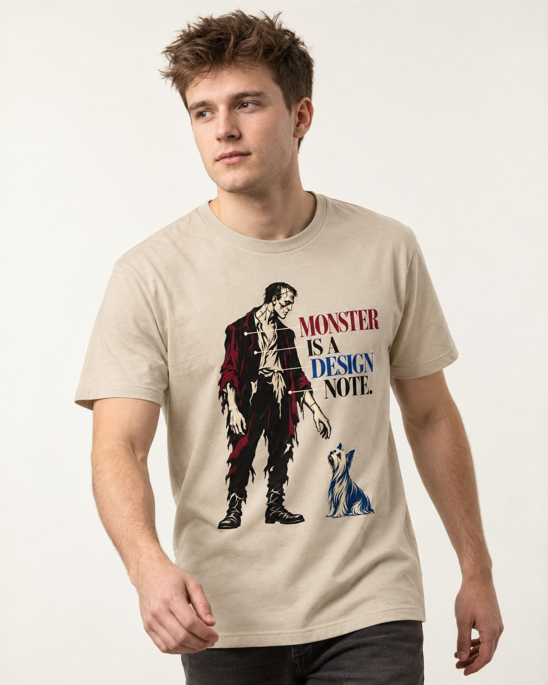 Yorkshire Terrier Monster T-Shirt in Sand, worn by a model