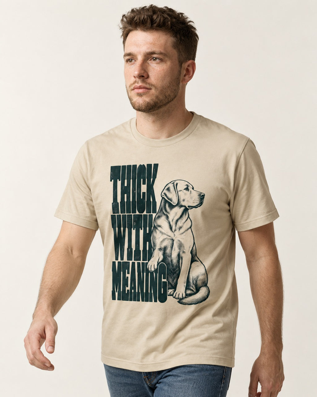 Thick with Meaning Labrador Retriever T-Shirt in Sand, worn by a model