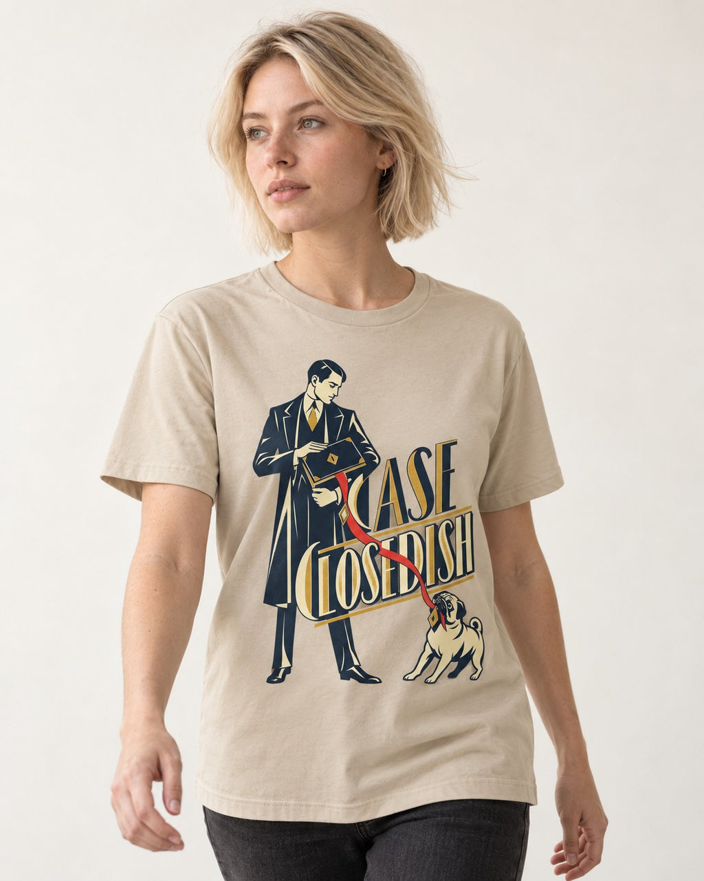 Case Closedish Pug T-Shirt in Sand, worn by a model