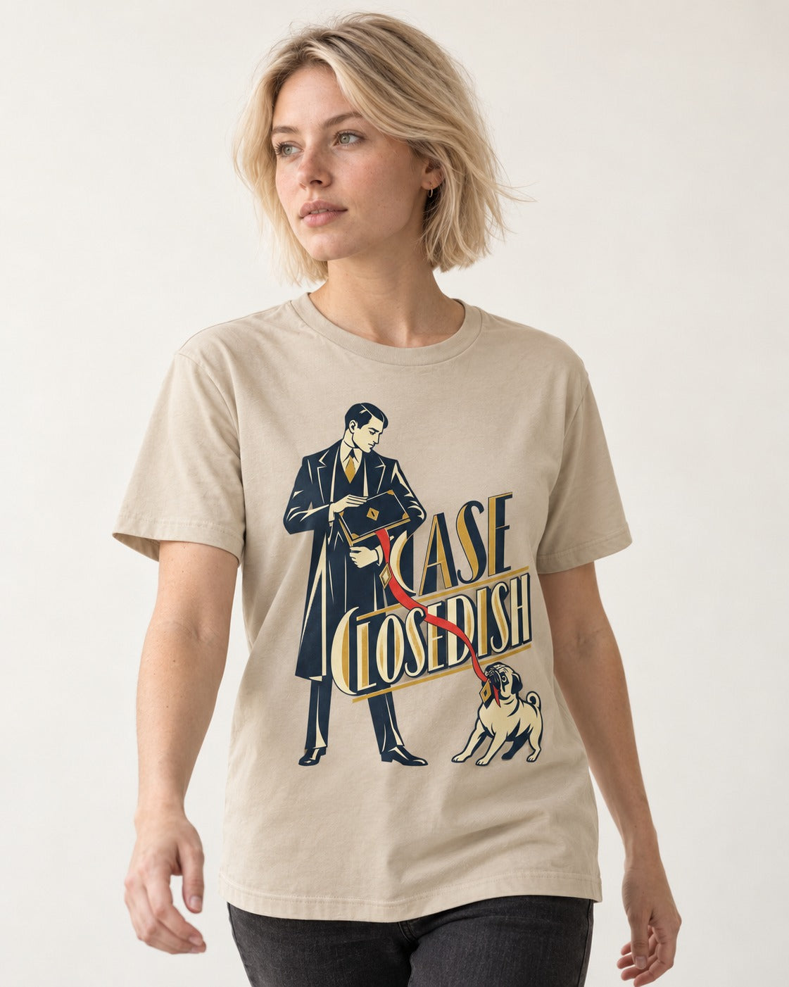 Case Closedish Pug T-Shirt in Sand, worn by a model