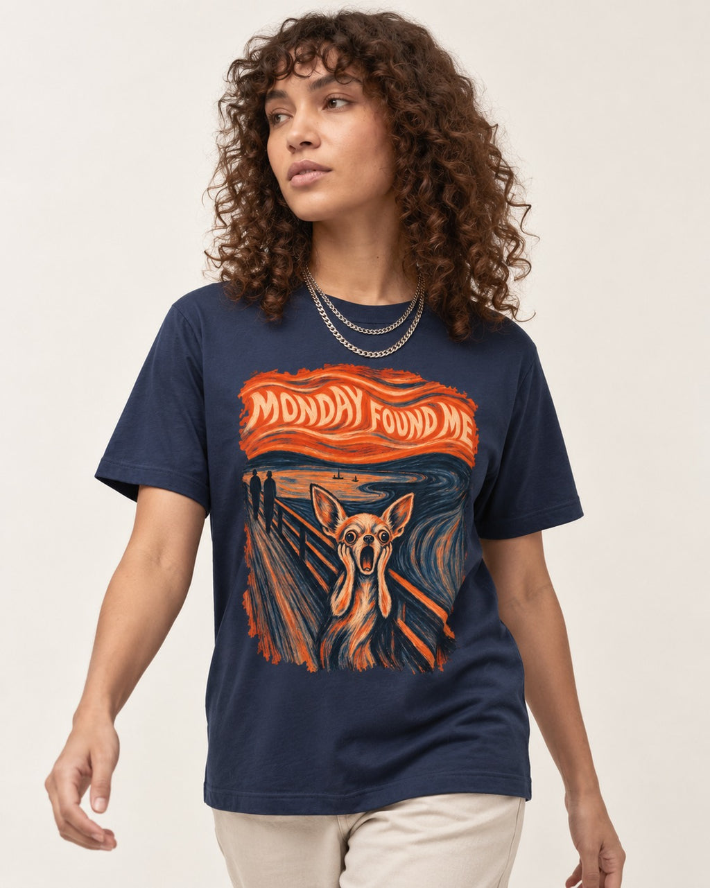 Monday Found Me Chihuahua Scream Banner T-Shirt in Navy, worn by a model
