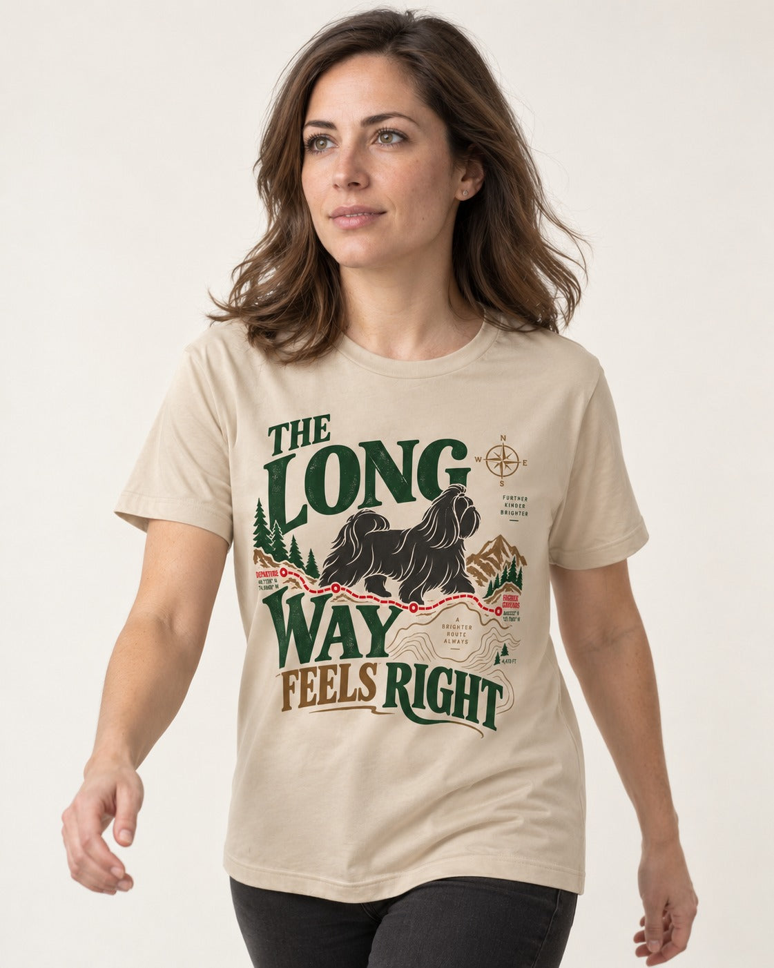 Shih Tzu Takes the Long Way T-Shirt in Sand, worn by a model