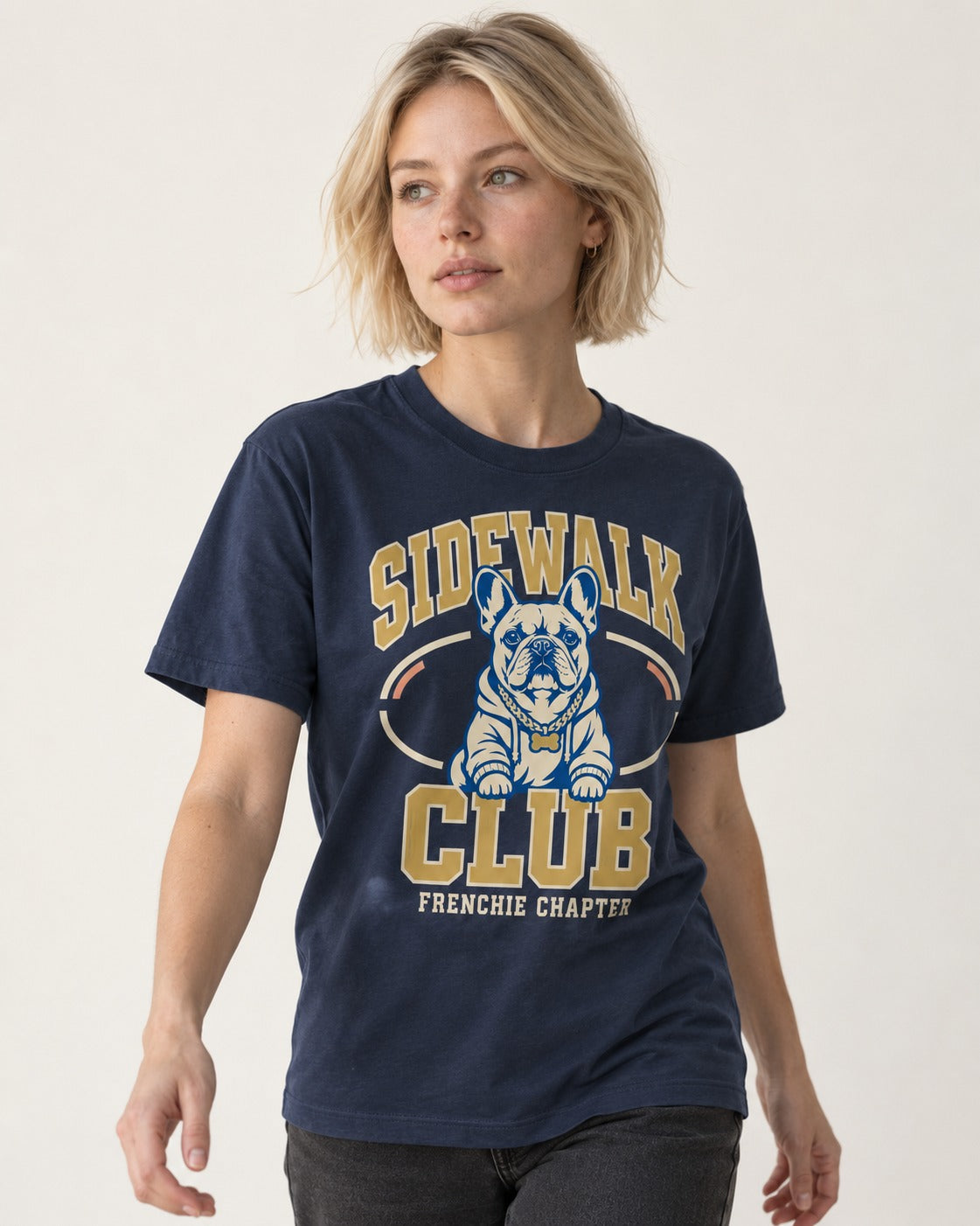 Frenchie Sidewalk Club Chapter Graphic T-Shirt in Navy, worn by a model
