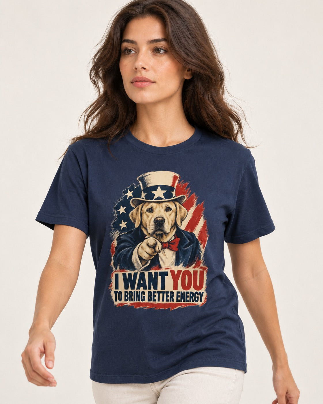 Labrador Retriever I Want You to Bring Better Energy Uncle Sam Graphic T-Shirt in Navy, worn by a model