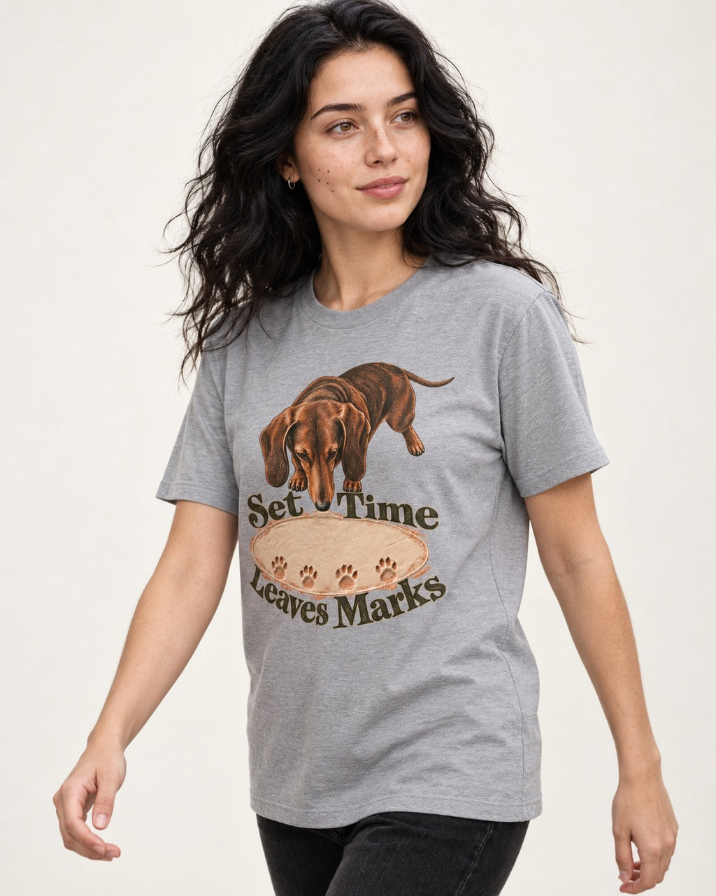 Dachshund Time Leaves Marks T-Shirt in Sport Grey, worn by a model